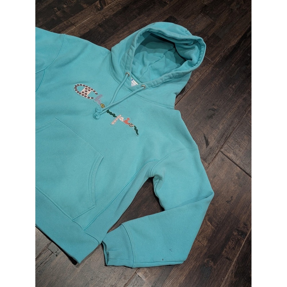Champion Hoodie Womens Small Teal Reverse Weave Embroidered Multi‎ Applique Logo